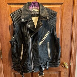 Xtrem Black Leather Biker Vest with silver accents and cream trim XL